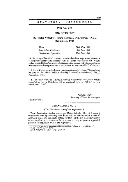 The Motor Vehicles (Driving Licences) (Amendment) (No. 2) Regulations 1984