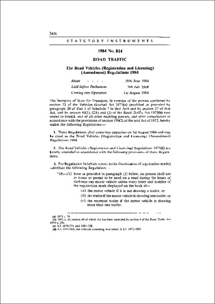 The Road Vehicles (Registration and Licensing) (Amendment) Regulations 1984