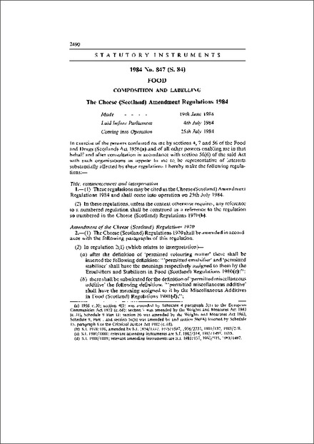 The Cheese (Scotland) Amendment Regulations 1984