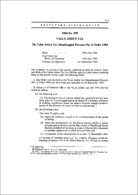 The Value Added Tax (Handicapped Persons) (No. 2) Order 1984