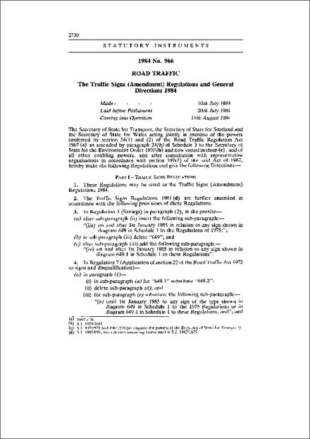The Traffic Signs (Amendment) Regulations and General Directions 1984