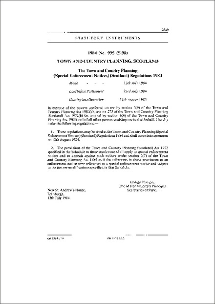 The Town and Country Planning (Special Enforcement Notices) (Scotland) Regulations 1984