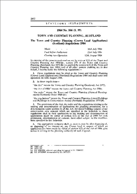 The Town and Country Planning (Crown Land Applications) (Scotland) Regulations 1984
