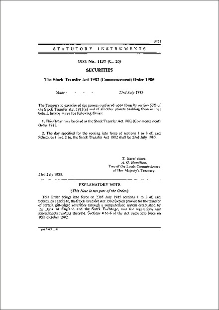The Stock Transfer Act 1982 (Commencement) Order 1985