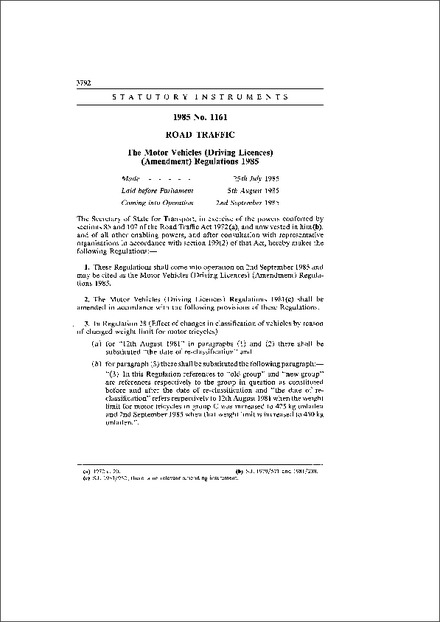 The Motor Vehicles (Driving Licences) (Amendment) Regulations 1985