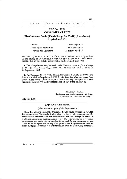 The Consumer Credit (Total Charge for Credit) (Amendment) Regulations 1985