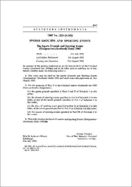 The Sports Grounds and Sporting Events (Designation) (Scotland) Order 1985