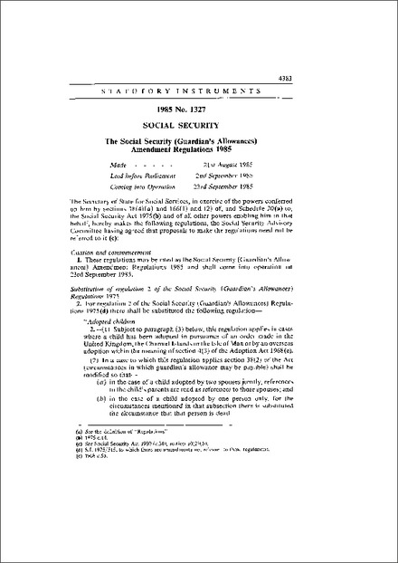 The Social Security (Guardian's Allowances) Amendment Regulations 1985