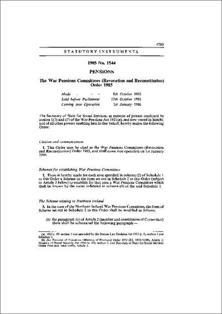 The War Pensions Committees (Revocation and Reconstitution) Order 1985