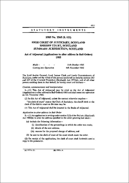 Act of Adjournal (Applications to alter address in Bail Orders) 1985