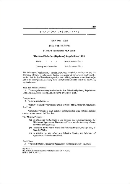The Sea Fisheries (Byelaws) Regulations 1985
