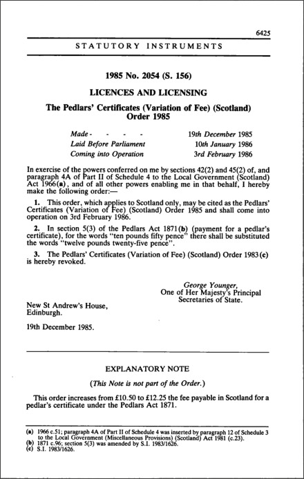 The Pedlars' Certificates (Variation of Fee) (Scotland) Order 1985
