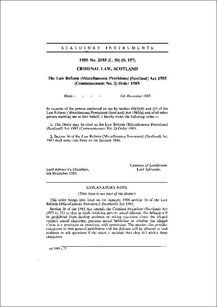 The Law Reform (Miscellaneous Provisions) (Scotland) Act 1985 (Commencement No. 2) Order 1985
