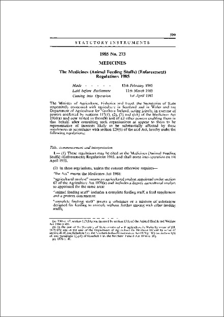 The Medicines (Animal Feeding Stuffs) (Enforcement) Regulations 1985