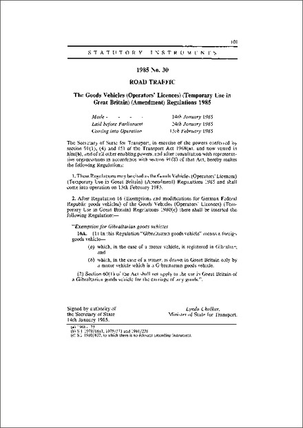The Goods Vehicles (Operators' Licences) (Temporary Use in Great Britain) (Amendment) Regulations 1985