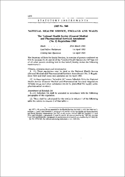 The National Health Service (General Medical and Pharmaceutical Services) Amendment (No. 2) Regulations 1985