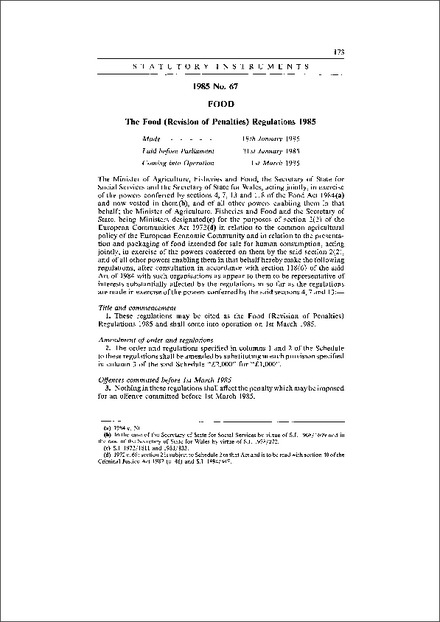 The Food (Revision of Penalties) Regulations 1985