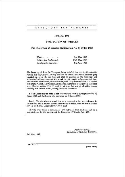 The Protection of Wrecks (Designation No. 1) Order 1985