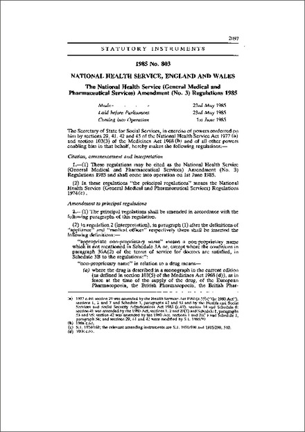 The National Health Service (General Medical and Pharmaceutical Services) Amendment (No. 3) Regulations 1985