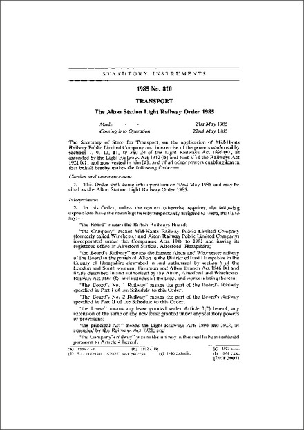 The Alton Station Light Railway Order 1985