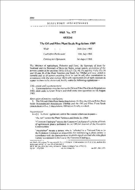The Oil and Fibre Plant Seeds Regulations 1985