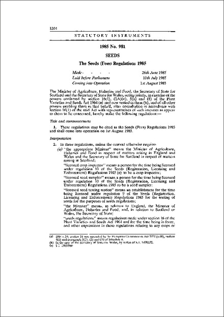 The Seeds (Fees) Regulations 1985