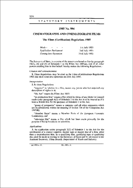 The Films (Certification) Regulations 1985