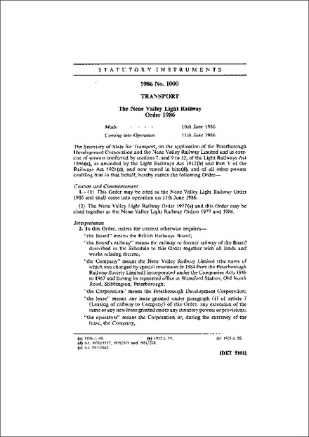 The Nene Valley Light Railway Order 1986