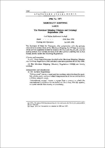 The Merchant Shipping (Musters and Training) Regulations 1986