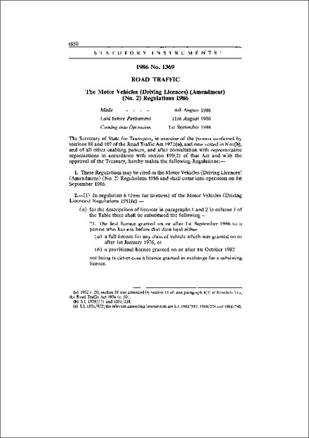 The Motor Vehicles (Driving Licences) (Amendment) (No. 2) Regulations 1986