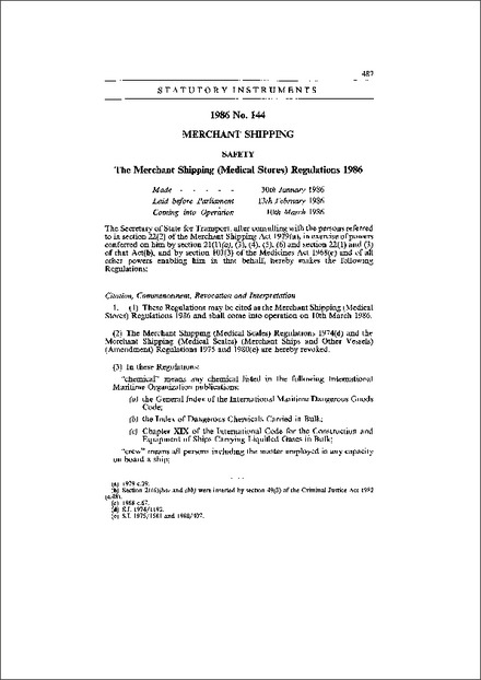 The Merchant Shipping (Medical Stores) Regulations 1986