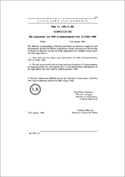 The Agriculture Act 1986 (Commencement) (No. 1) Order 1986