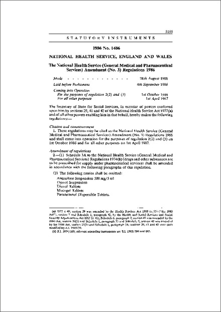 The National Health Service (General Medical and Pharmaceutical Services) Amendment (No. 3) Regulations 1986