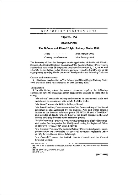 The Bo'ness and Kinneil Light Railway Order 1986