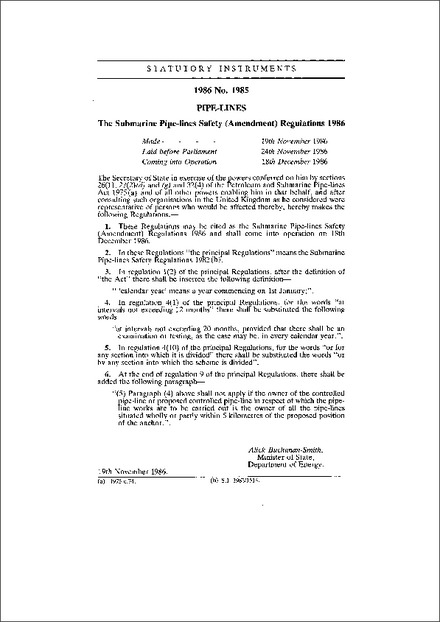 The Submarine Pipe-lines Safety (Amendment) Regulations 1986