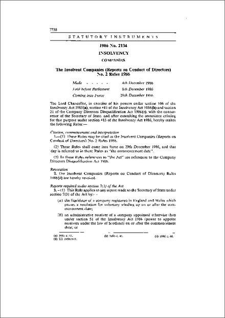 The Insolvent Companies (Reports on Conduct of Directors) No. 2 Rules 1986
