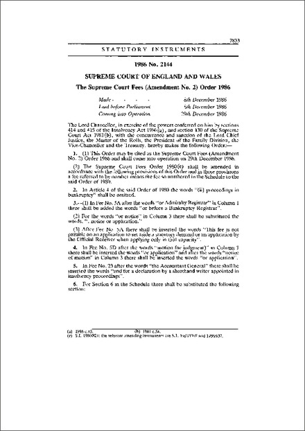 The Supreme Court Fees (Amendment No. 2) Order 1986