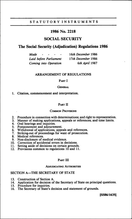 The Social Security (Adjudication) Regulations 1986