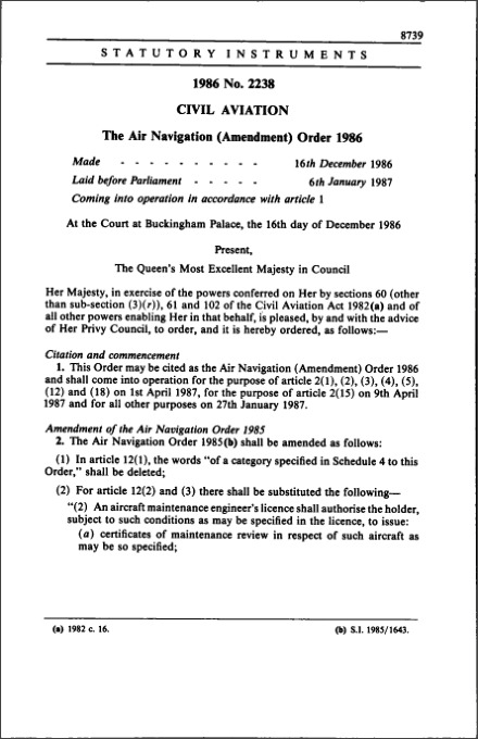 The Air Navigation (Amendment) Order 1986