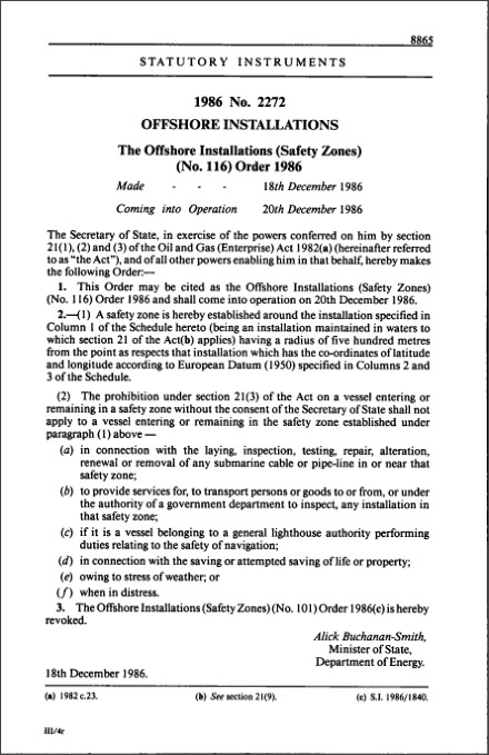 The Offshore Installations (Safety Zones) (No. 116) Order 1986