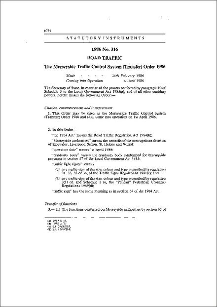 The Merseyside Traffic Control System (Transfer) Order 1986