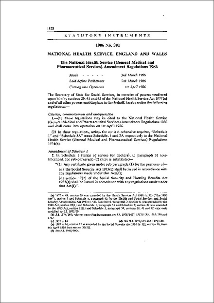 The National Health Service (General Medical and Pharmaceutical Services) Amendment Regulations 1986