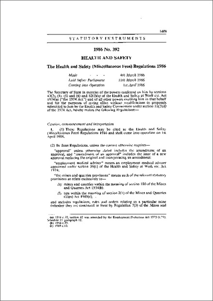 The Health and Safety (Miscellaneous Fees) Regulations 1986
