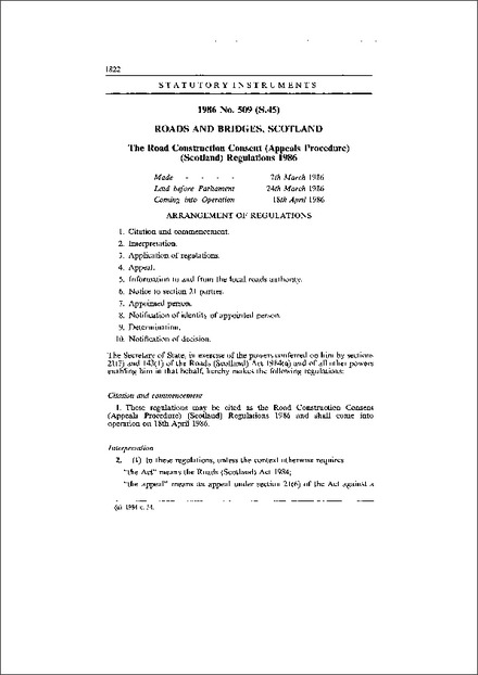 The Road Construction Consent (Appeals Procedure) (Scotland) Regulations 1986