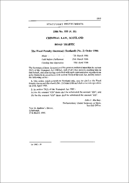 The Fixed Penalty (Increase) (Scotland) (No. 2) Order 1986