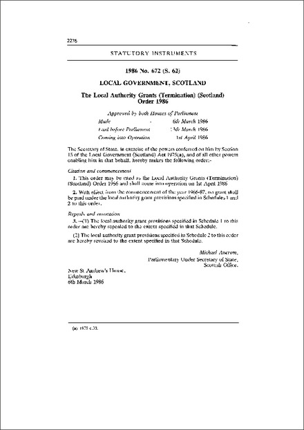 The Local Authority Grants (Termination) (Scotland) Order 1986