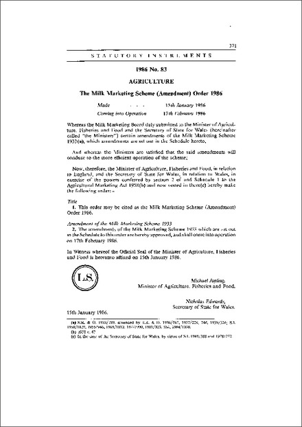 The Milk Marketing Scheme (Amendment) Order 1986