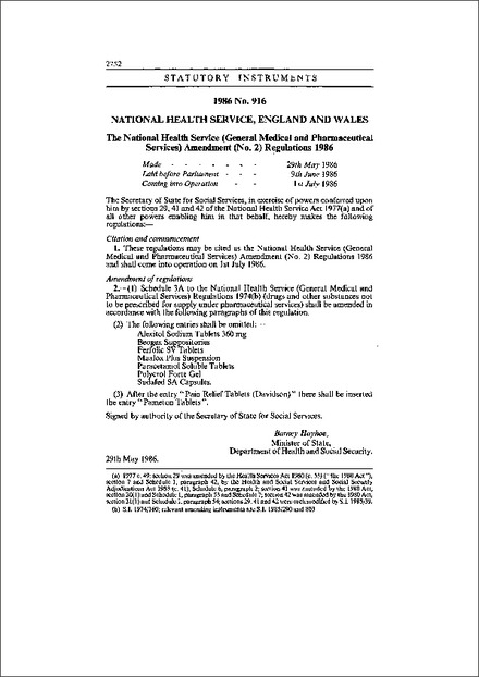 The National Health Service (General Medical and Pharmaceutical Services) Amendment (No. 2) Regulations 1986