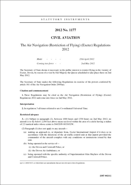 The Air Navigation (Restriction of Flying) (Exeter) Regulations 2012