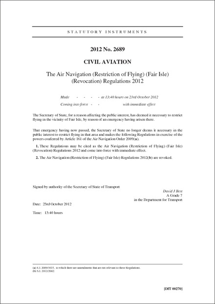 The Air Navigation (Restriction of Flying) (Fair Isle) (Revocation) Regulations 2012
